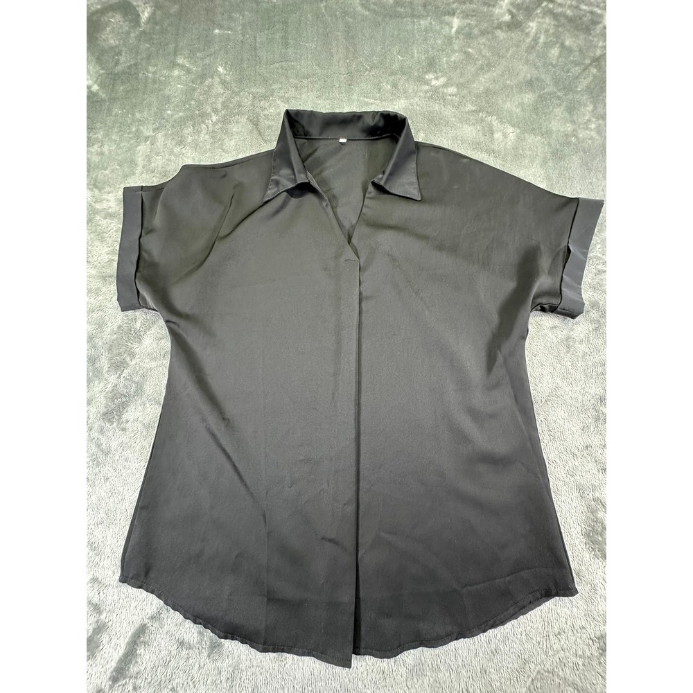 Womens Black Short Sleeve V-Neck Blouse Cuffed Dolman Top Size M